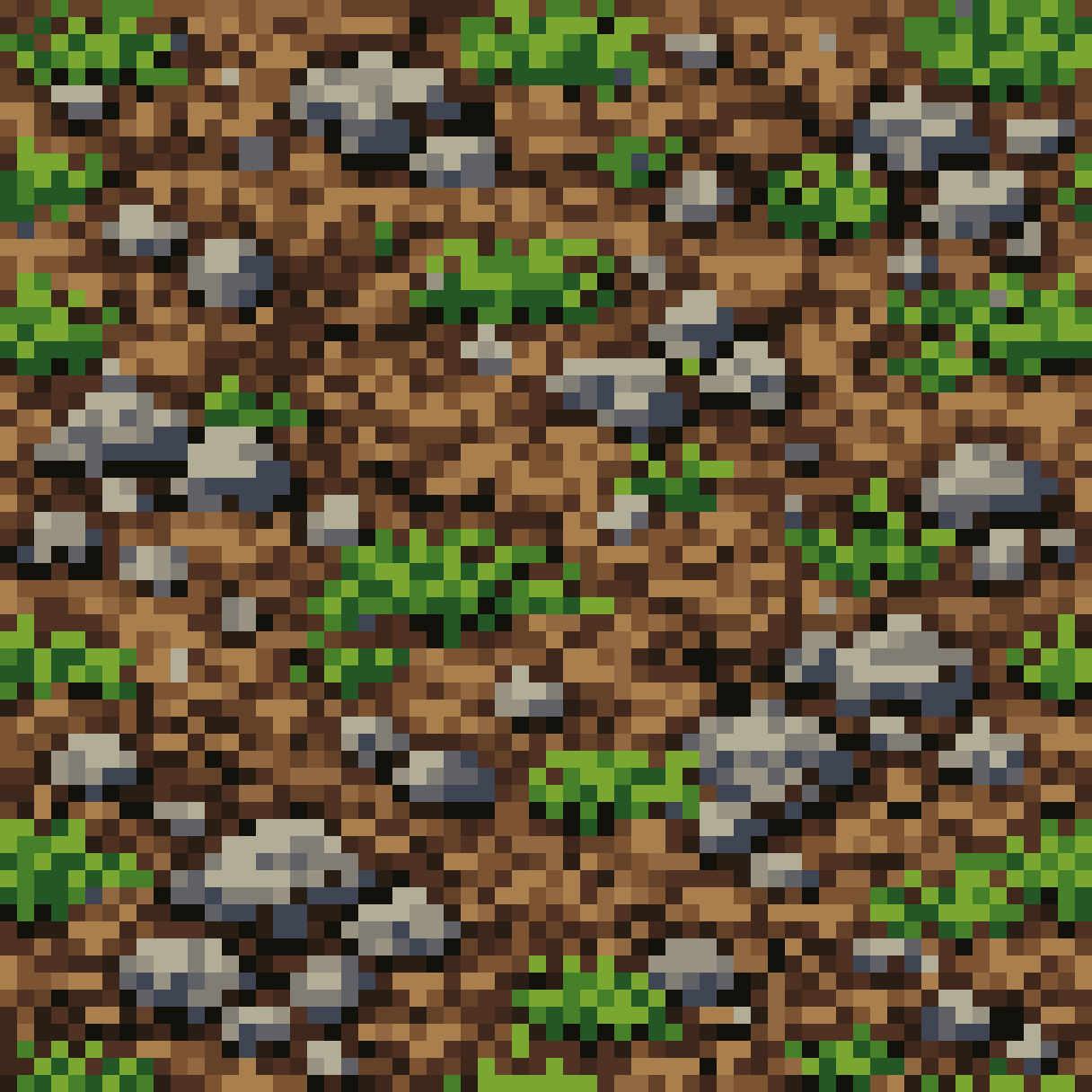 forest floor tiles with dirt, grass, and stones pixel art