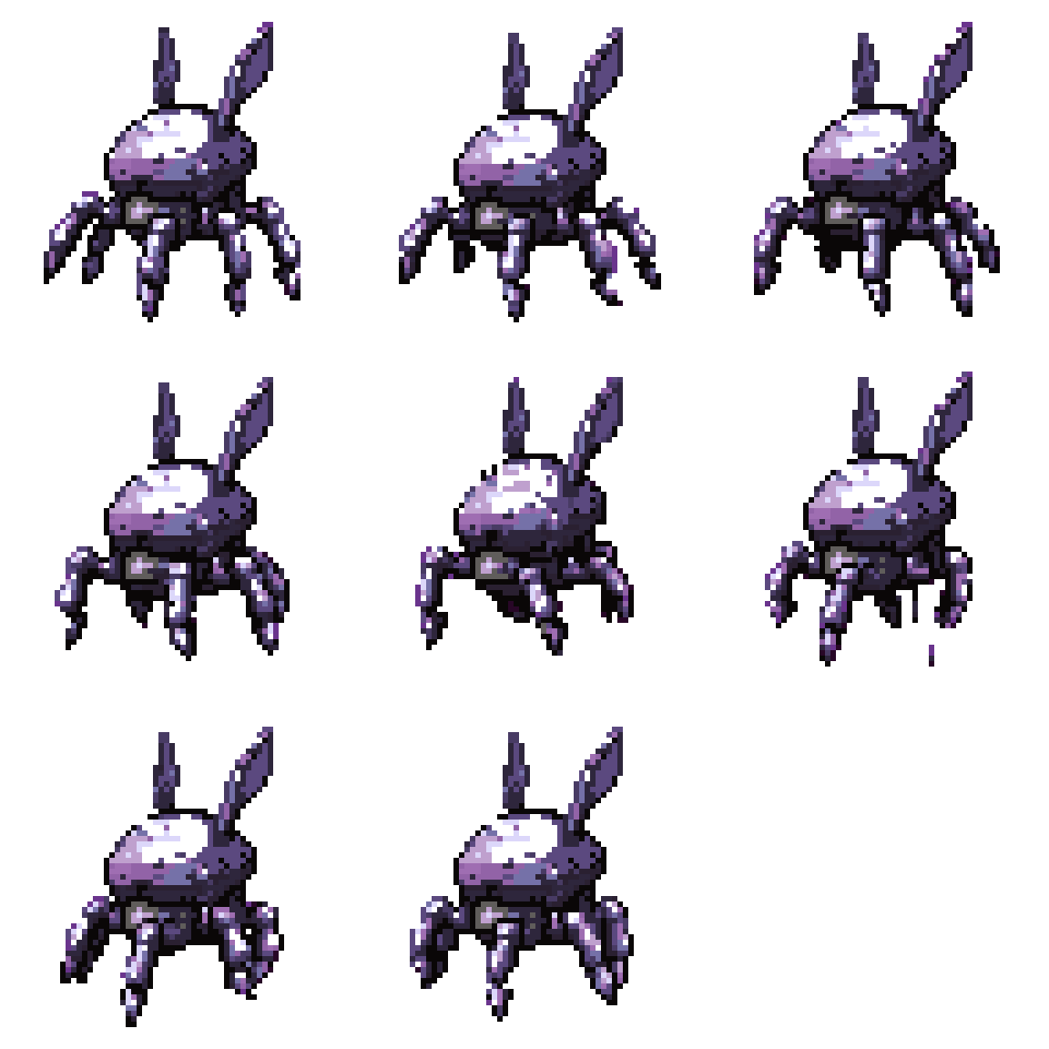 Cute Spheric Robot with Spider Legs Walking pixel art