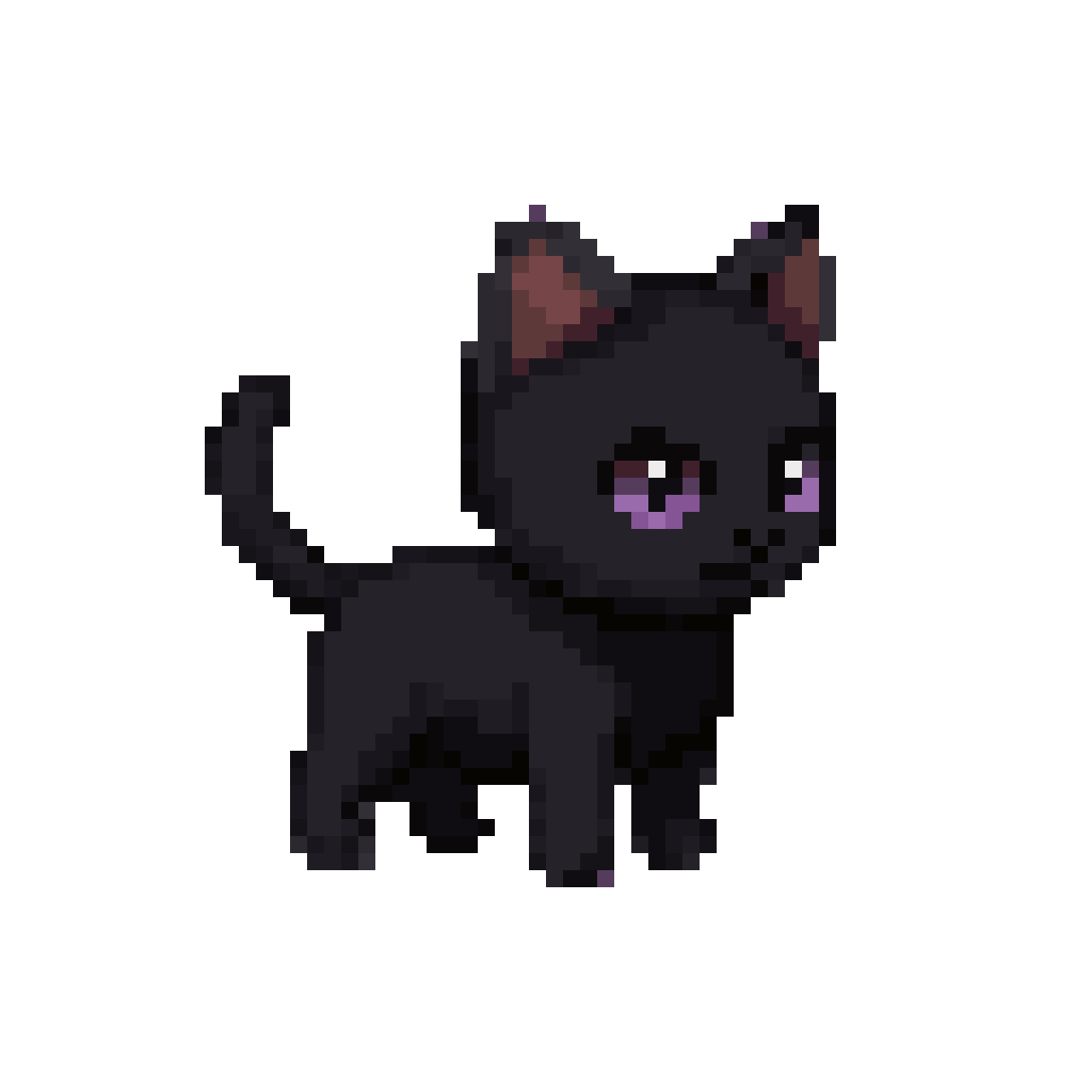 Black kitten with deep purple eyes pixel art