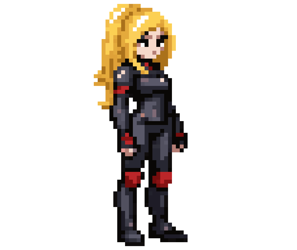 blonde woman in motorcycle suit pixel art
