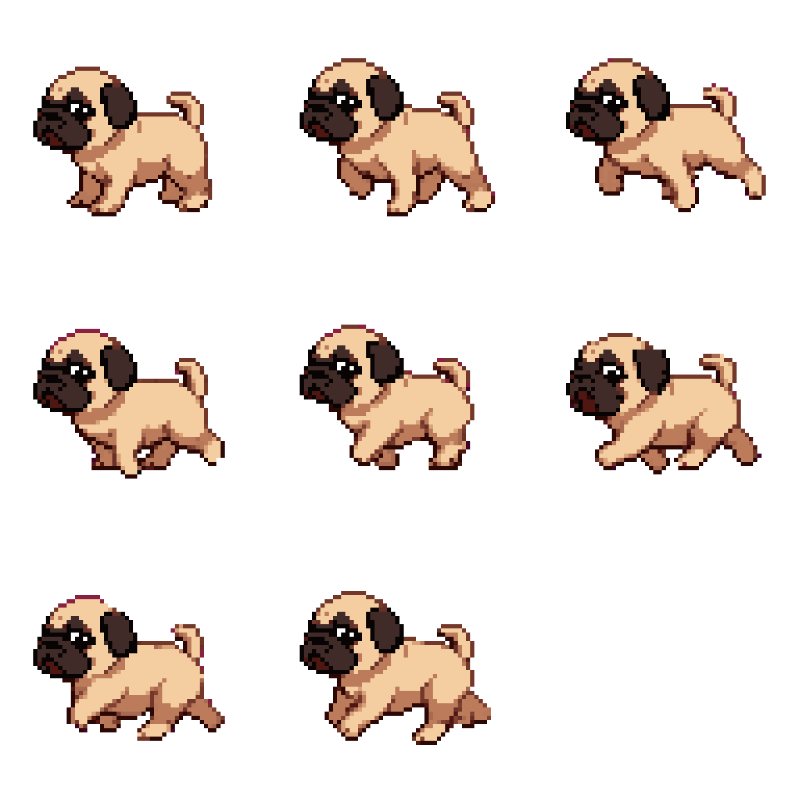 A pug walking on two feet Running pixel art