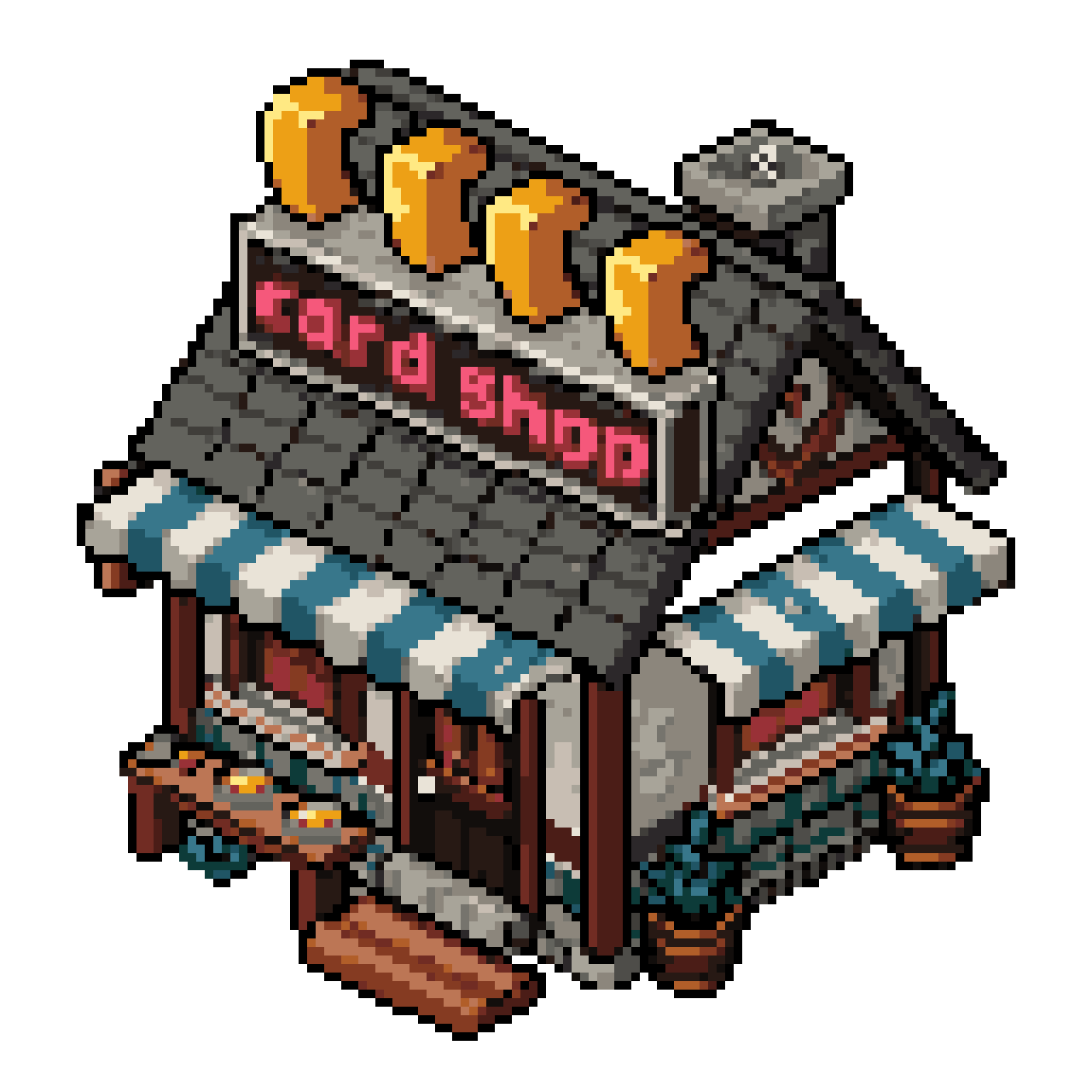 Poor house with Card Shop sign pixel art