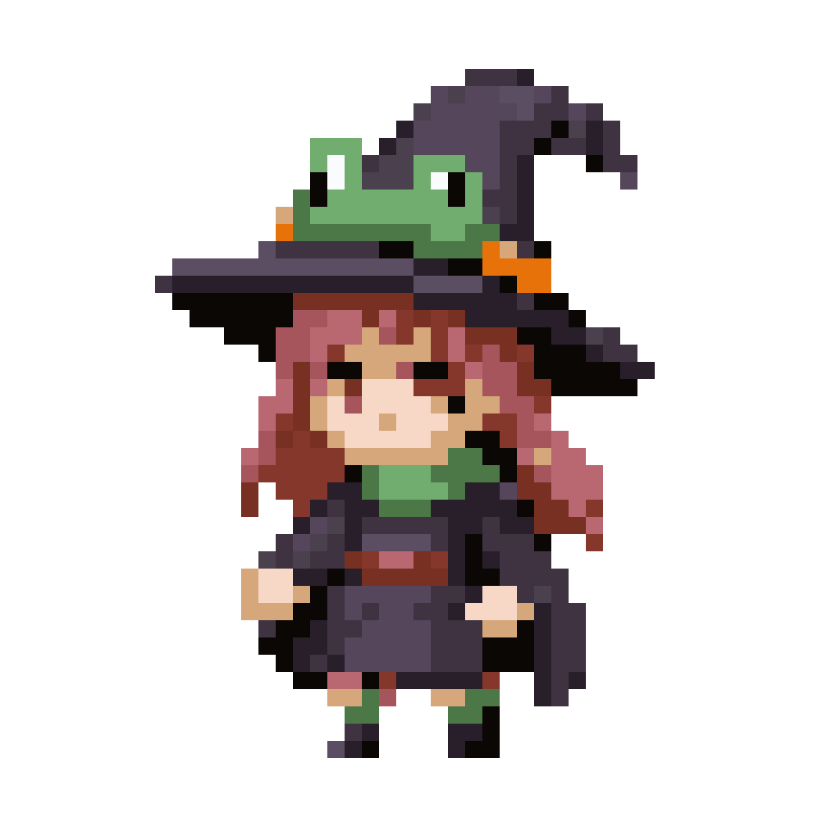 tiny witch girl with frog hood pixel art