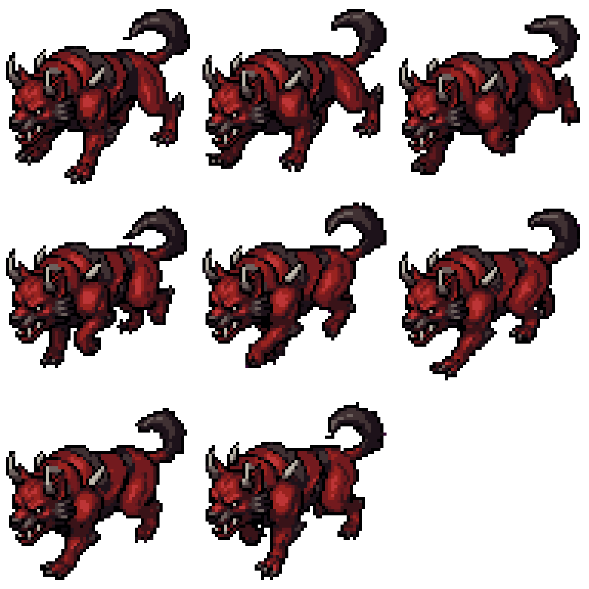 demonic hellhound with dark red skin Running pixel art