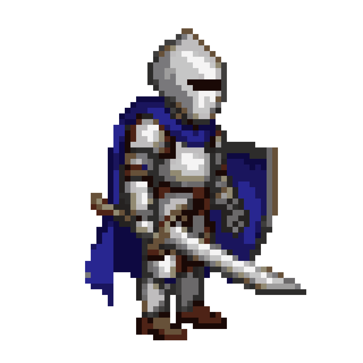 knight in silver armor with blue cape pixel art