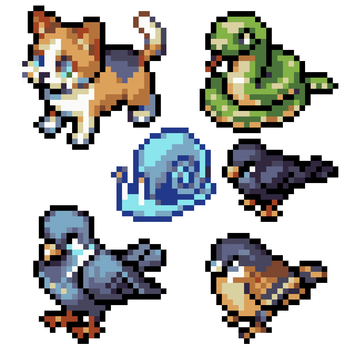 16-bit animals: cat, dog, snake, crow, pigeon, sparrow, blue transparent slug pixel art
