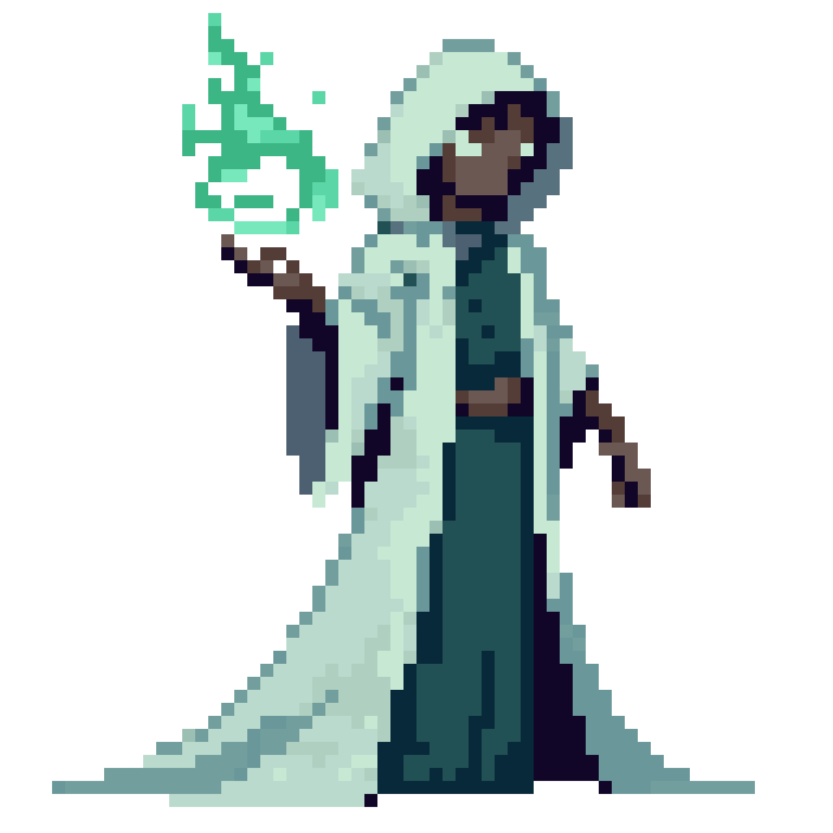wizard in pale teal robe pixel art
