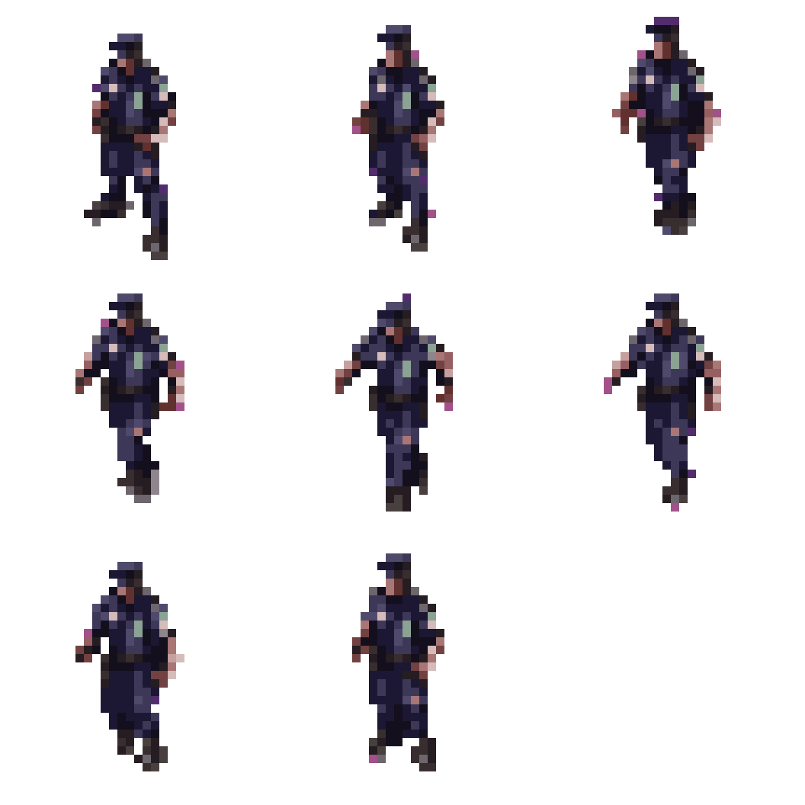 Police officer. Dark/gritty. NOT big-head Running pixel art