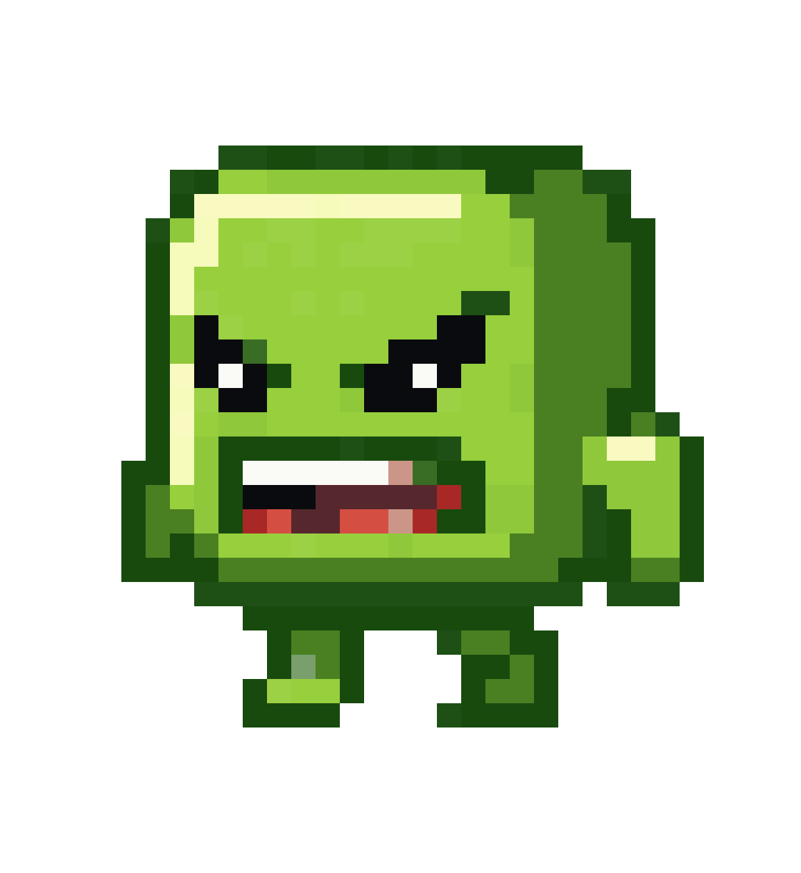 green monster character resembling Super Meat Boy pixel art