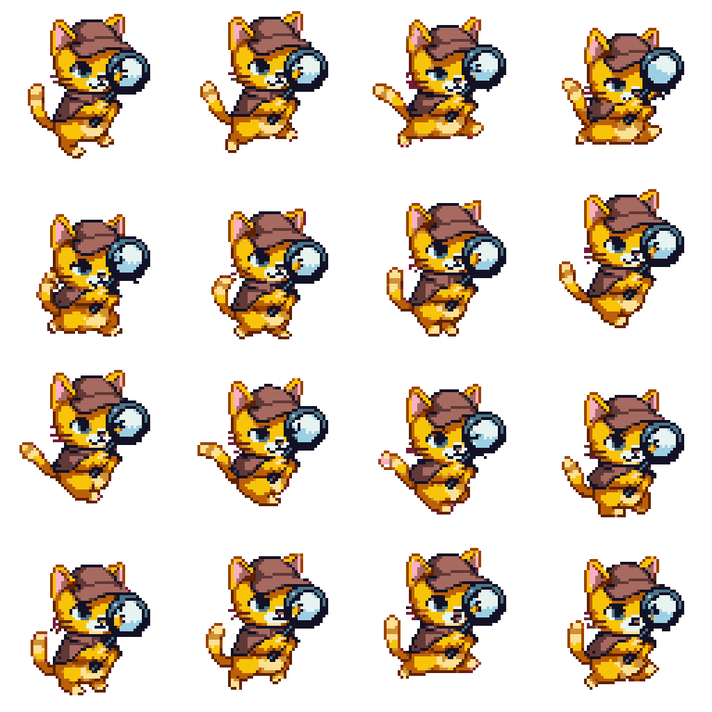 detective themed yellow cat with magnifying glass Jumping pixel art