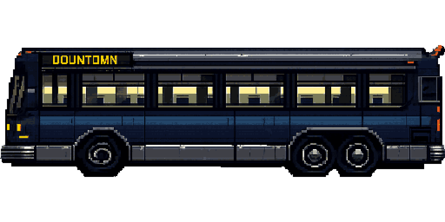 Large Retro Transit Bus in Noir Style pixel art