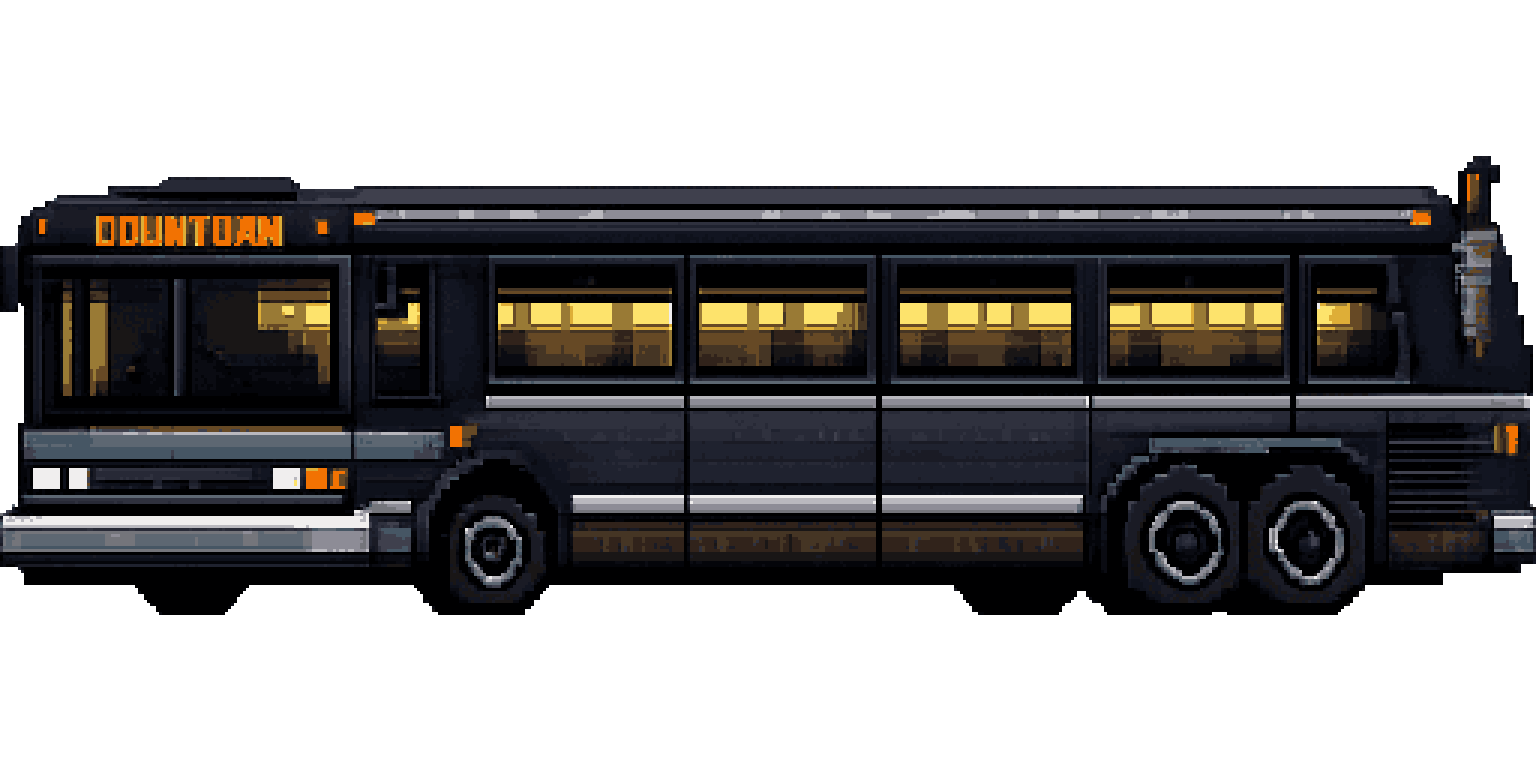 Large Retro Transit Bus in Noir Style pixel art