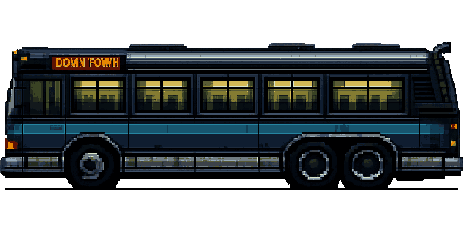 Large Retro Transit Bus in Noir Style pixel art