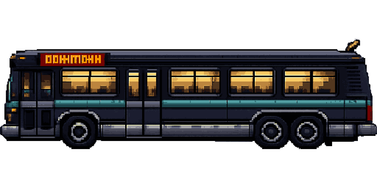Large Retro Transit Bus in Noir Style pixel art