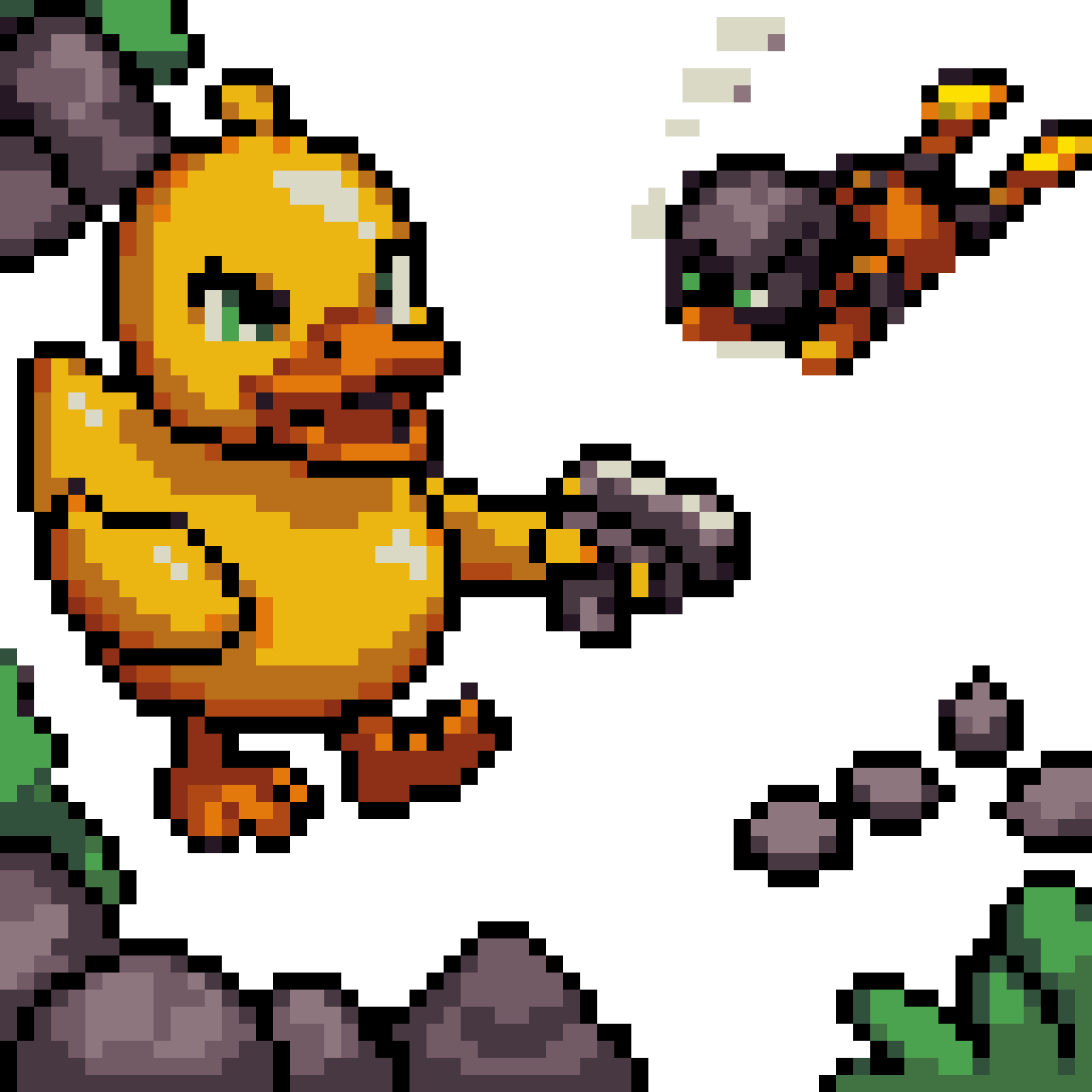 Yellow duck with orange mouth and blue eye pixel art