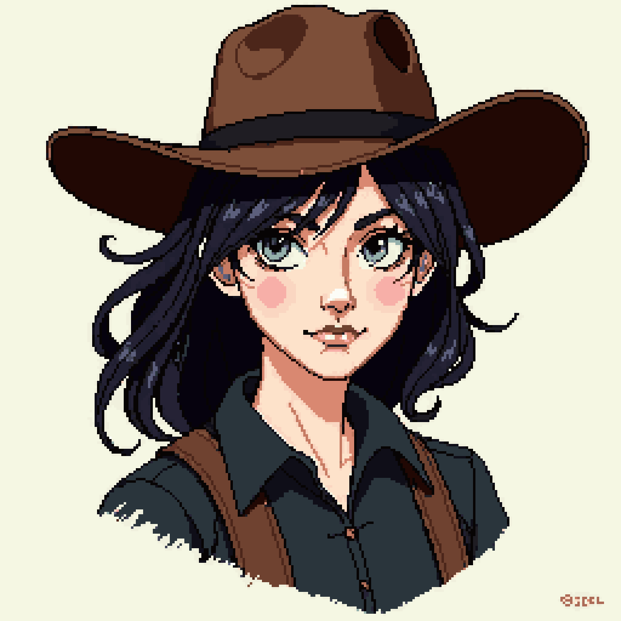 Rough female cowboy with dark hair pixel art